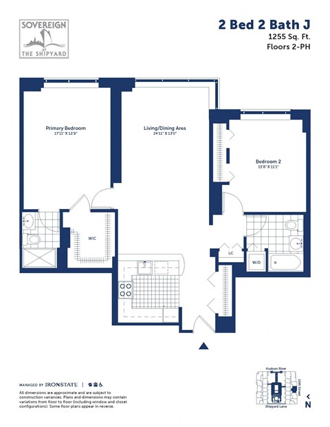 Floor plan for 2 beds, 2 baths, 1255 sqft